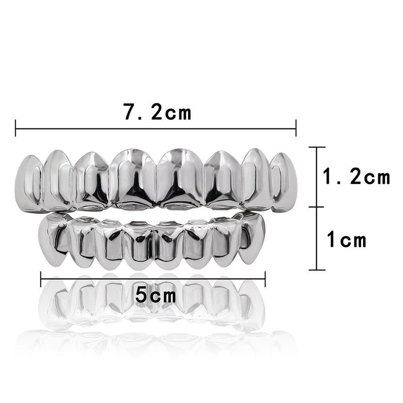 JINAO Silver Grill 18K Gold Plated Gold Finish 8 Top Teeth 8 Bottom Tooth grillz Hip Hop Mouth Grills for Men Women (Silver Set) - Image 3